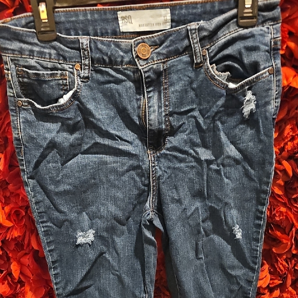 RSQ Juniors Manhattan High Rise Distressed Blue Jeans Size 13